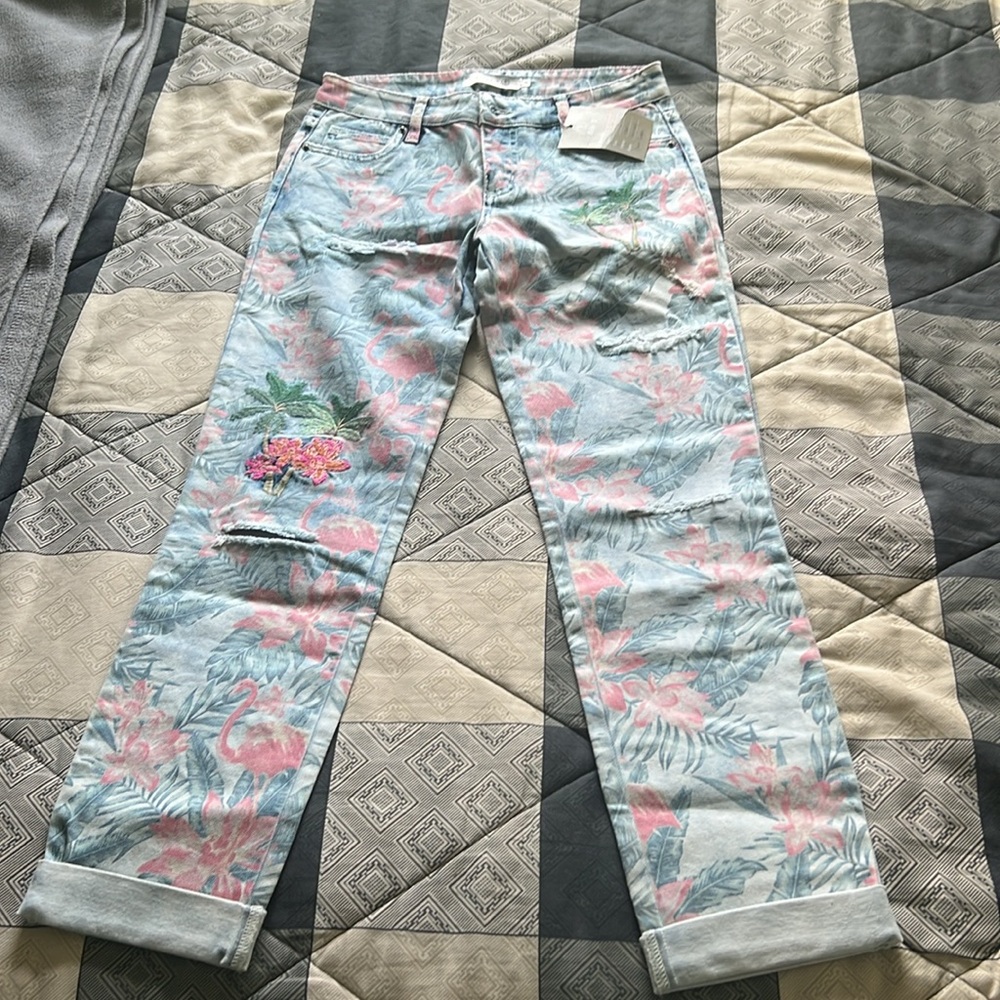 BILLY T Embroidered Tropical Print Jeans size 4 NWT